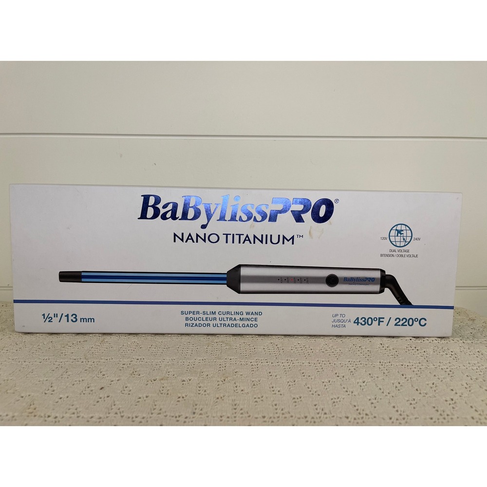 BaBylissPRO Nano Titanium 1/2" Super-Slim Curling Wand BNTW50UC Blue Silver 430F